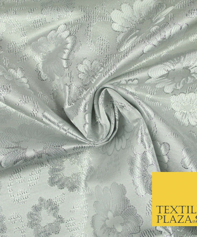 Silver Ornate Floral Scroll Satin Metallic Brocade Dress Fabric Fancy 58" 6003