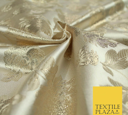 Champagne Gold Ornate Floral Satin Brocade Dress Fabric Metallic Fancy 58" 6000