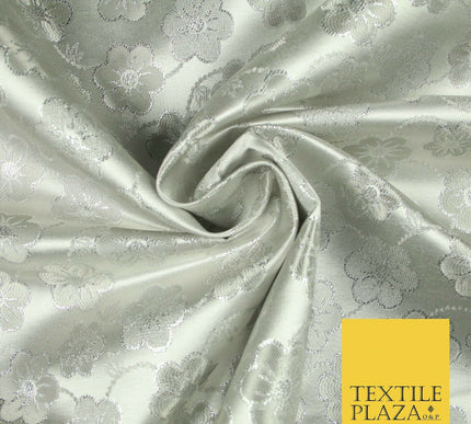 Silver Floral Pansy Vine Satin Metallic Brocade Dress Fabric Fancy 45" 6006