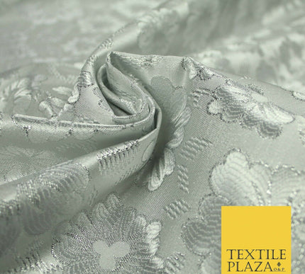 Silver Ornate Floral Scroll Satin Metallic Brocade Dress Fabric Fancy 58" 6003