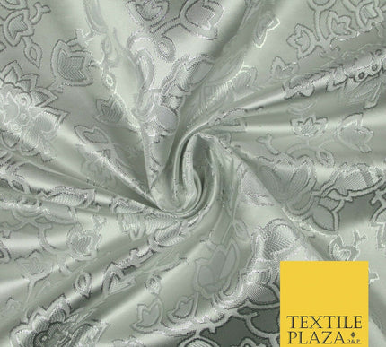 Silver Ornate Floral Outline Satin Metallic Brocade Dress Fabric Fancy 58" 6002