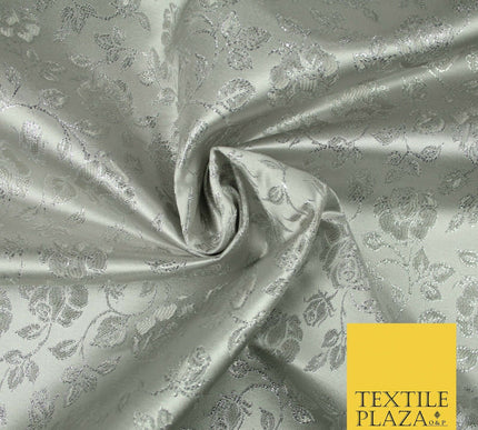 Silver Floral Carnation Vine Satin Metallic Brocade Dress Fabric Fancy 45" 6004
