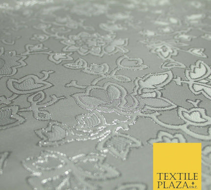 Silver Ornate Floral Outline Satin Metallic Brocade Dress Fabric Fancy 58" 6002