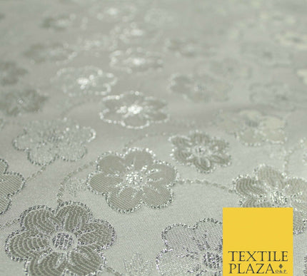 Silver Floral Pansy Vine Satin Metallic Brocade Dress Fabric Fancy 45" 6006
