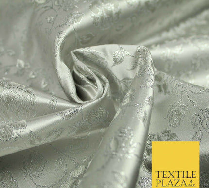 Silver Floral Carnation Vine Satin Metallic Brocade Dress Fabric Fancy 45" 6004