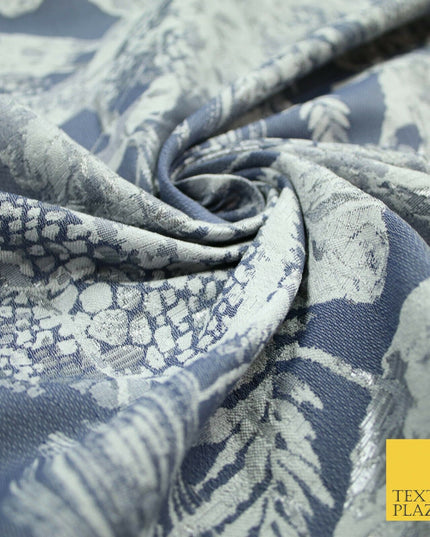 Deep Denim Blue Grey Feather Textured Brocade Jacquard Dress Fabric 6016