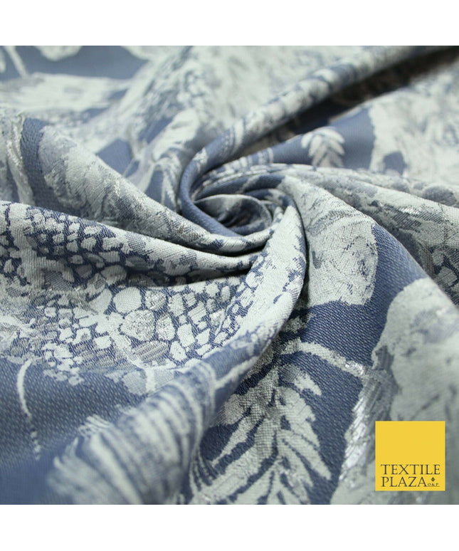 Deep Denim Blue Grey Feather Textured Brocade Jacquard Dress Fabric 6016