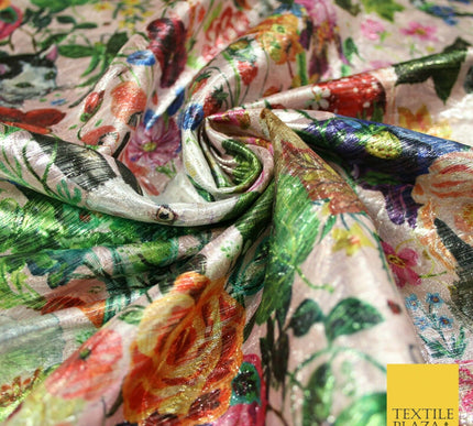 Pink Multicolour Floral Woodland Garden Metallic Brocade Jacquard Fabric 6018