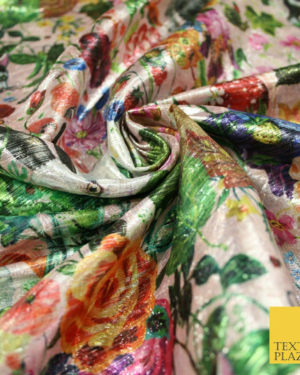 Pink Multicolour Floral Woodland Garden Metallic Brocade Jacquard Fabric 6018