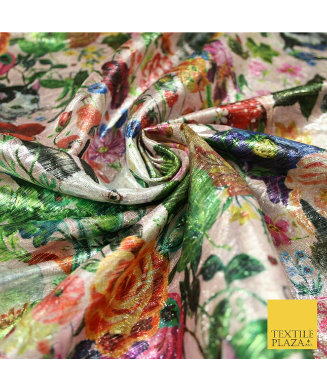 Pink Multicolour Floral Woodland Garden Metallic Brocade Jacquard Fabric 6018