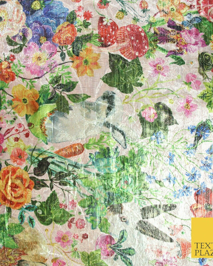 Pink Multicolour Floral Woodland Garden Metallic Brocade Jacquard Fabric 6018