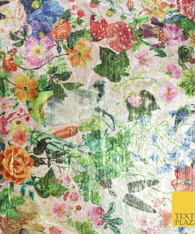 Pink Multicolour Floral Woodland Garden Metallic Brocade Jacquard Fabric 6018