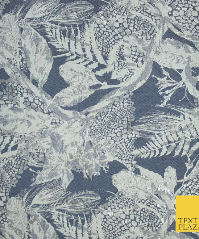 Deep Denim Blue Grey Feather Textured Brocade Jacquard Dress Fabric 6016