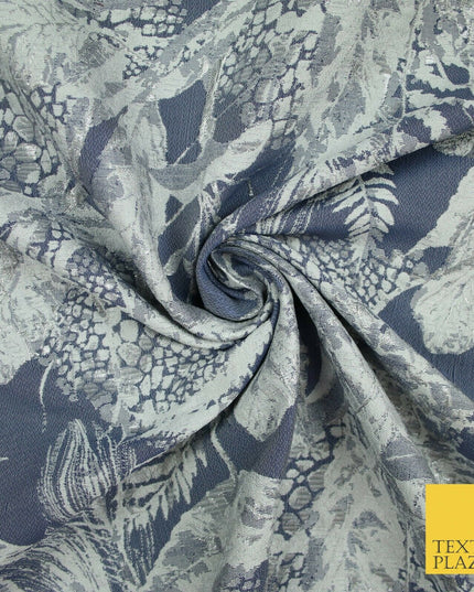 Deep Denim Blue Grey Feather Textured Brocade Jacquard Dress Fabric 6016