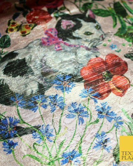 Pink Multicolour Floral Woodland Garden Metallic Brocade Jacquard Fabric 6018