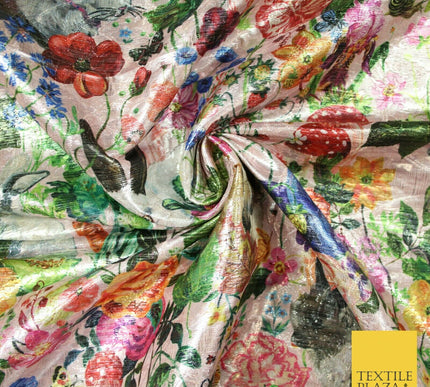 Pink Multicolour Floral Woodland Garden Metallic Brocade Jacquard Fabric 6018