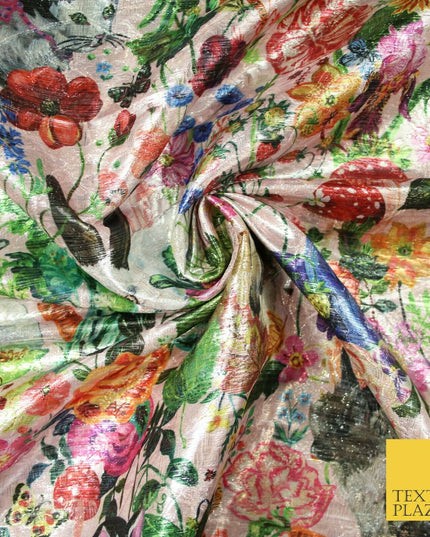 Pink Multicolour Floral Woodland Garden Metallic Brocade Jacquard Fabric 6018