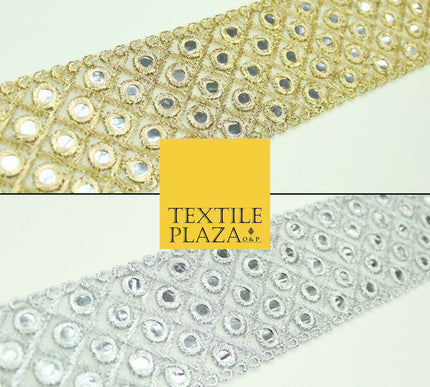 5cm wide Gold Silver Mirror Effect Trimming Ribbon Border Lace Ethnic Gota