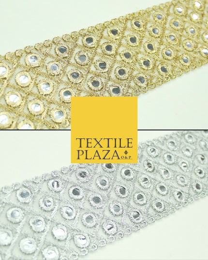 5cm wide Gold Silver Mirror Effect Trimming Ribbon Border Lace Ethnic Gota