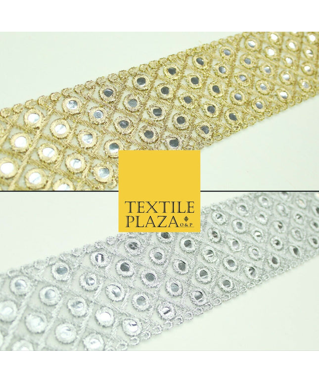5cm wide Gold Silver Mirror Effect Trimming Ribbon Border Lace Ethnic Gota