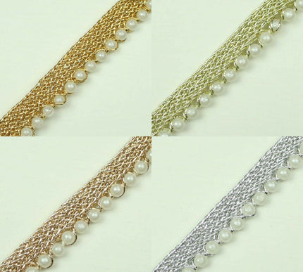 Ivory Antique Gold Silver Mini Pearl Beaded Ribbon Trim Border Indian Lace Edge