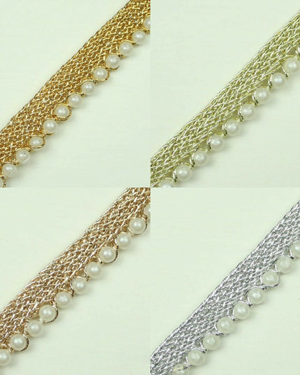 Ivory Antique Gold Silver Mini Pearl Beaded Ribbon Trim Border Indian Lace Edge