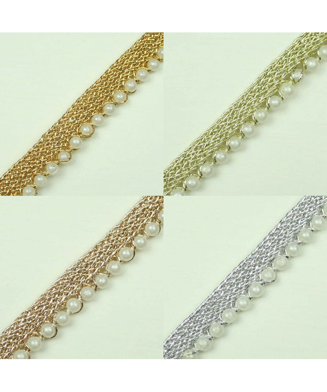 Ivory Antique Gold Silver Mini Pearl Beaded Ribbon Trim Border Indian Lace Edge