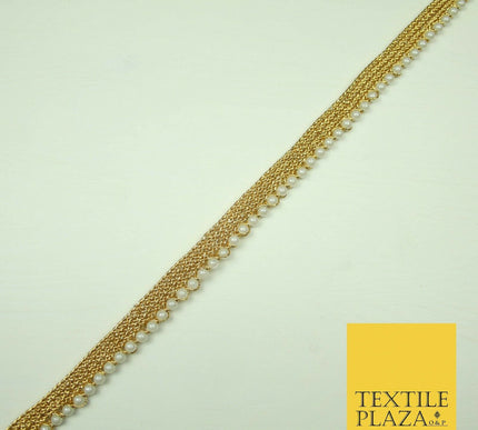 Ivory Antique Gold Silver Mini Pearl Beaded Ribbon Trim Border Indian Lace Edge
