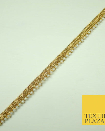 Ivory Antique Gold Silver Mini Pearl Beaded Ribbon Trim Border Indian Lace Edge