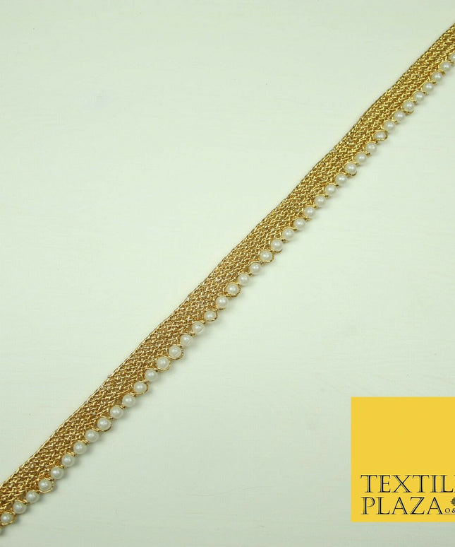 Ivory Antique Gold Silver Mini Pearl Beaded Ribbon Trim Border Indian Lace Edge