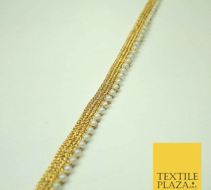 Ivory Antique Gold Silver Mini Pearl Beaded Ribbon Trim Border Indian Lace Edge