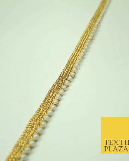 Ivory Antique Gold Silver Mini Pearl Beaded Ribbon Trim Border Indian Lace Edge