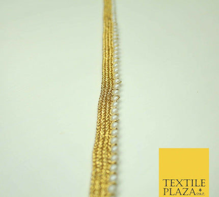 Ivory Antique Gold Silver Mini Pearl Beaded Ribbon Trim Border Indian Lace Edge