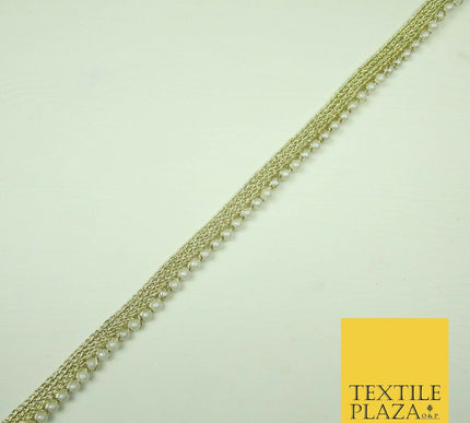 Ivory Antique Gold Silver Mini Pearl Beaded Ribbon Trim Border Indian Lace Edge