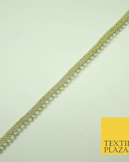 Ivory Antique Gold Silver Mini Pearl Beaded Ribbon Trim Border Indian Lace Edge