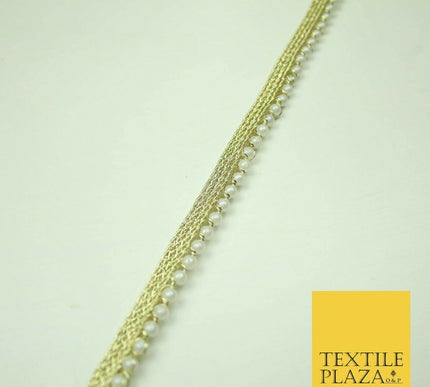 Ivory Antique Gold Silver Mini Pearl Beaded Ribbon Trim Border Indian Lace Edge