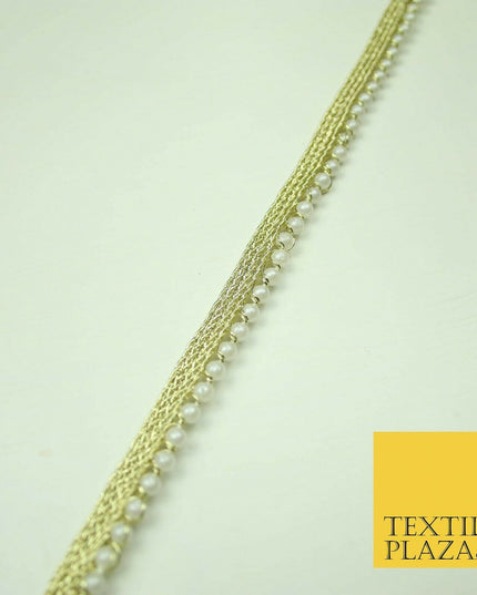 Ivory Antique Gold Silver Mini Pearl Beaded Ribbon Trim Border Indian Lace Edge