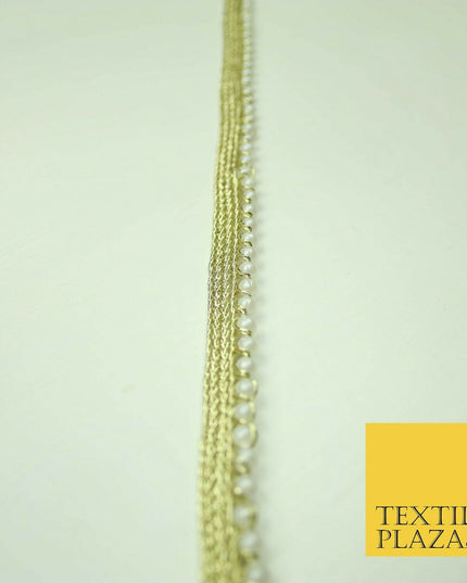 Ivory Antique Gold Silver Mini Pearl Beaded Ribbon Trim Border Indian Lace Edge
