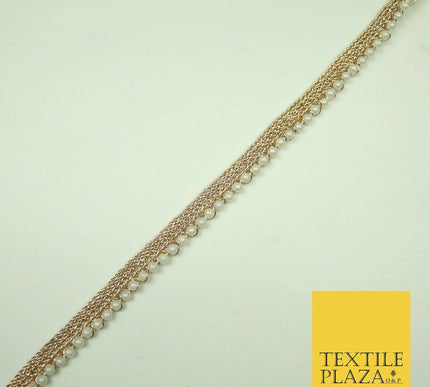 Ivory Antique Gold Silver Mini Pearl Beaded Ribbon Trim Border Indian Lace Edge
