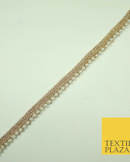 Ivory Antique Gold Silver Mini Pearl Beaded Ribbon Trim Border Indian Lace Edge