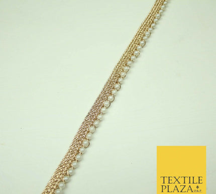 Ivory Antique Gold Silver Mini Pearl Beaded Ribbon Trim Border Indian Lace Edge