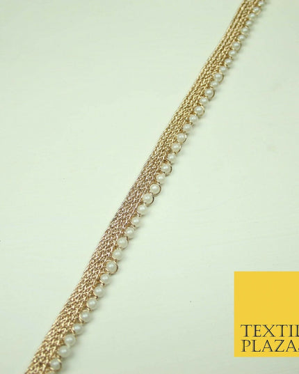 Ivory Antique Gold Silver Mini Pearl Beaded Ribbon Trim Border Indian Lace Edge