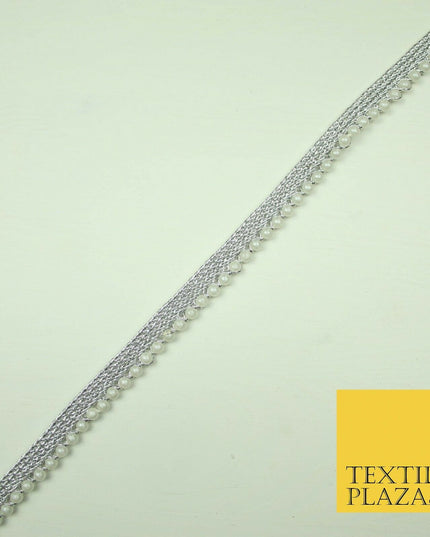 Ivory Antique Gold Silver Mini Pearl Beaded Ribbon Trim Border Indian Lace Edge