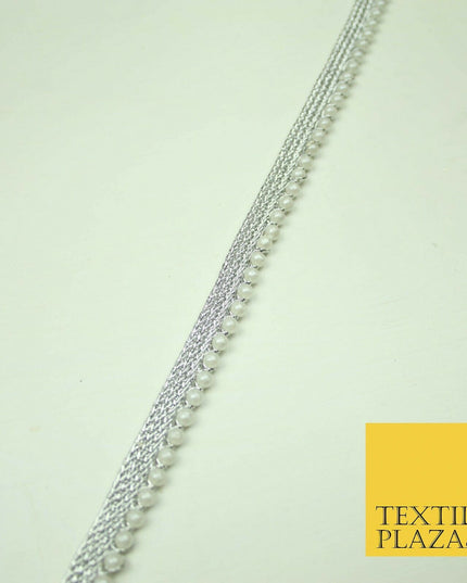 Ivory Antique Gold Silver Mini Pearl Beaded Ribbon Trim Border Indian Lace Edge
