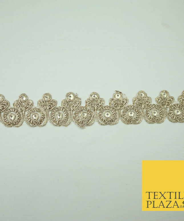 Gold Fancy Matt Sequin Flower Swag Cutwork Trim Border Indian Ethnic (X422)