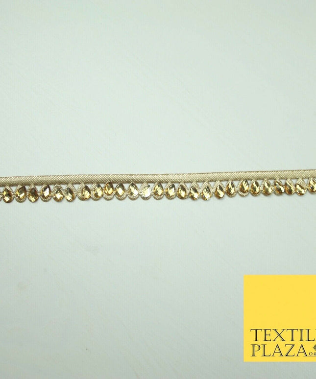 Luxury Antique Gold Fancy Teardrop Stone Ribbon Trimming Border Indian Lace X426