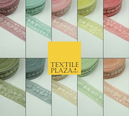 10 PASTEL COLOURS Soft Thread Floral Sequin Ribbon Trim Border Lace - Per Metre