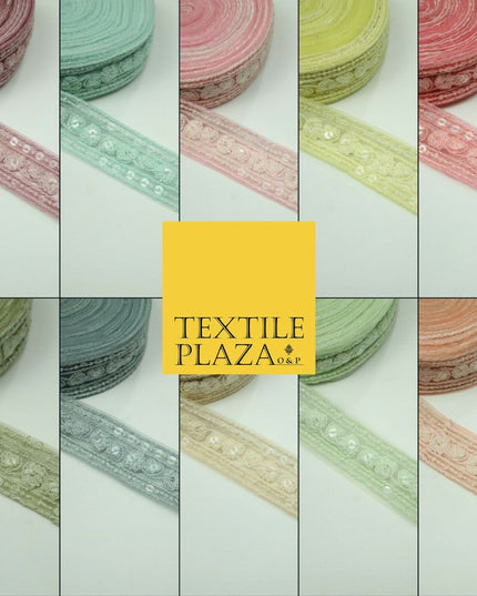 10 PASTEL COLOURS Soft Thread Floral Sequin Ribbon Trim Border Lace - Per Metre