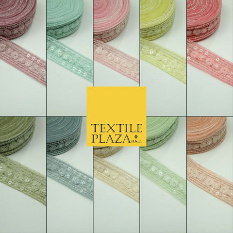 10 PASTEL COLOURS Soft Thread Floral Sequin Ribbon Trim Border Lace - Per Metre