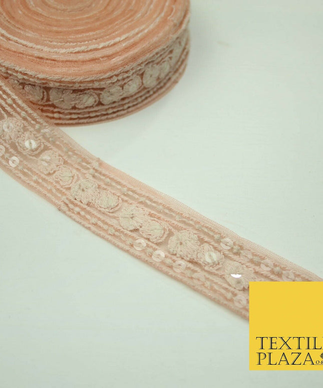 10 PASTEL COLOURS Soft Thread Floral Sequin Ribbon Trim Border Lace - Per Metre